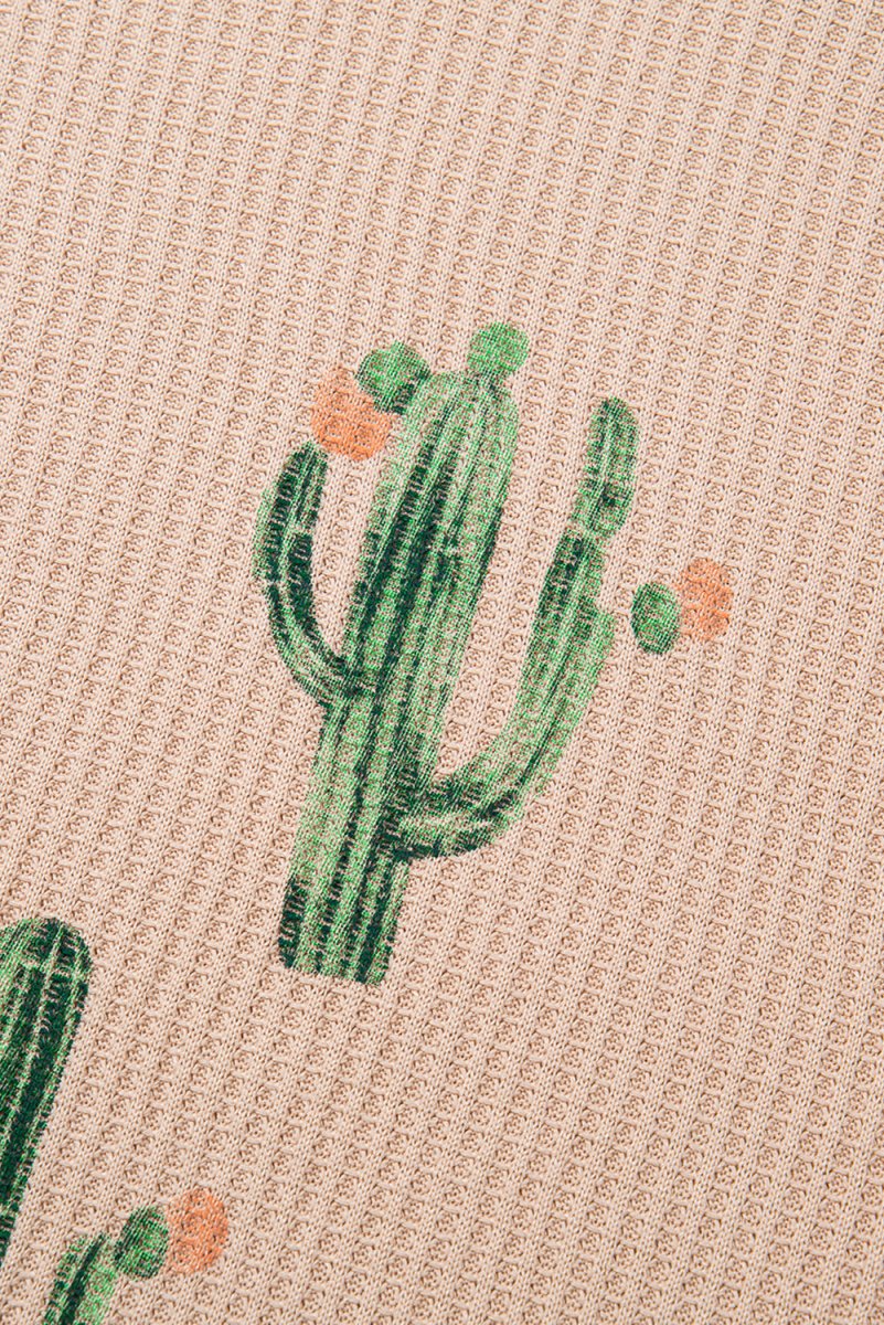 Light French Beige Cactus Forest Waffle Half Sleeve Tee Set - Love Salve
